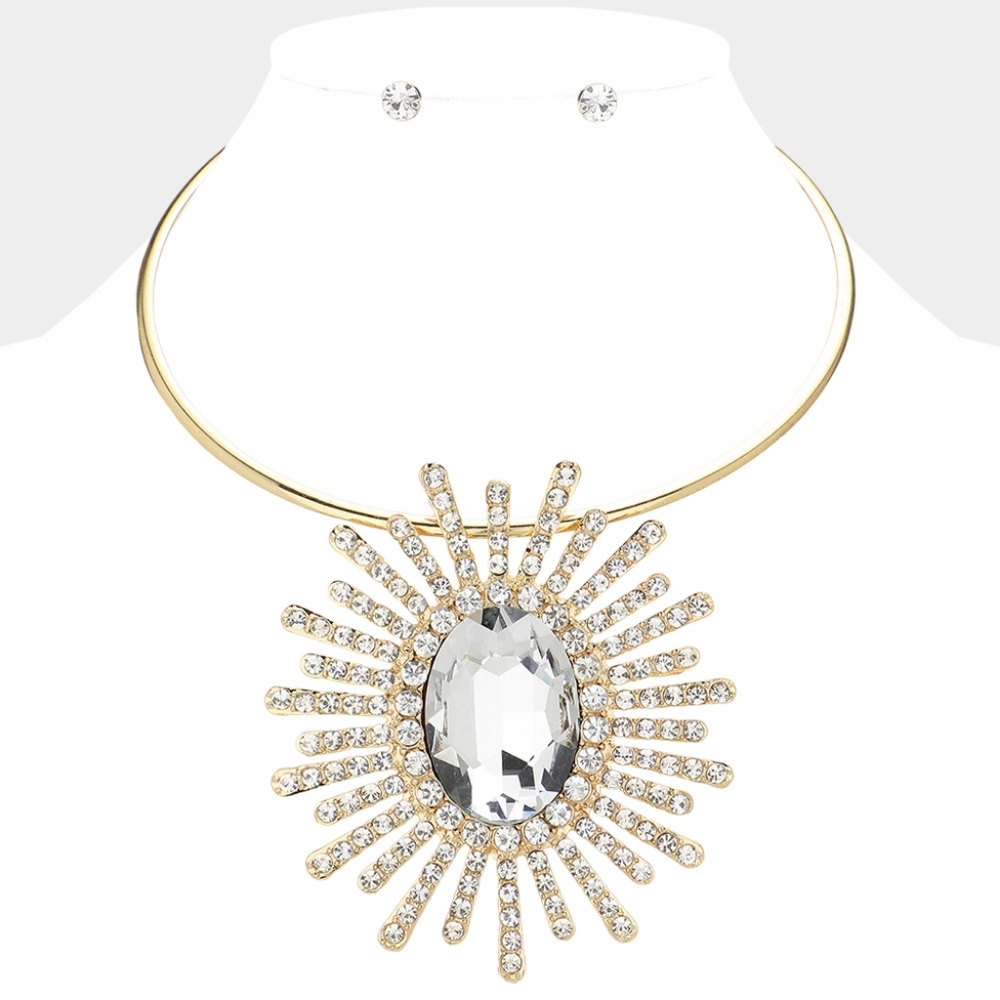 Gold Oval Sunburst Pendant Choker Necklace Abstract Statement Crystal Set